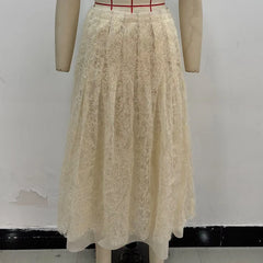Women Semi-sheer Embroidered Sequin Skirt Vintage High Waist Pleated A-line Midi Skirts Faldas Mujer