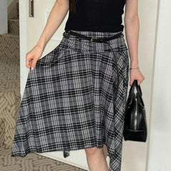Preppy Style Plaid Print Skirt Grey Low Rise Loose Irregular A-line Midi Skirts Women Harajuku Clothes y2k Streetwear New voguable