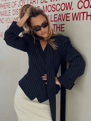 Elegant Female Striped Suit Coat For Women Scarf Lace-Up Patchwork V-Neck Long Sleeve Luxury Outwear Female Jackets Coat voguable