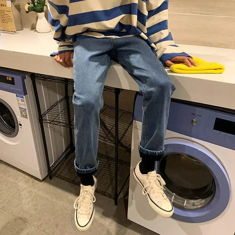 KPOP Fashion Style Harajuku Slim Fit Trousers Thickening All Match Casual Pants Pockets Straight Cylinder Korean Style Jeans voguable