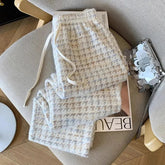 Voguable Korean Plaid Women Pants Fall Winter Plush Small Fragrance Wide Leg Trouser High Waist Vintage All Match Drawstring Female Pants voguable