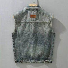 Voguable Retro Color Blocked Denim Vest Jacket Men's Korean Version Loose Straight Tube Sleeveless Outer Jacket Vest Top voguable