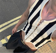 Men Tank Tops Striped Lace Up Sleeveless Summer Knitted Male Vests Streetwear Hollow Out Sexy Fashion Unisex Crop Tops INCERUN voguable