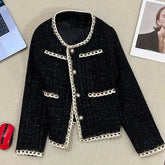 Voguable Black Elegant Crop Blazers Women Small Fragrance Fashion Long Sleeve O Neck Suit Coats Sequins Casual Button Patchwork Jacket voguable