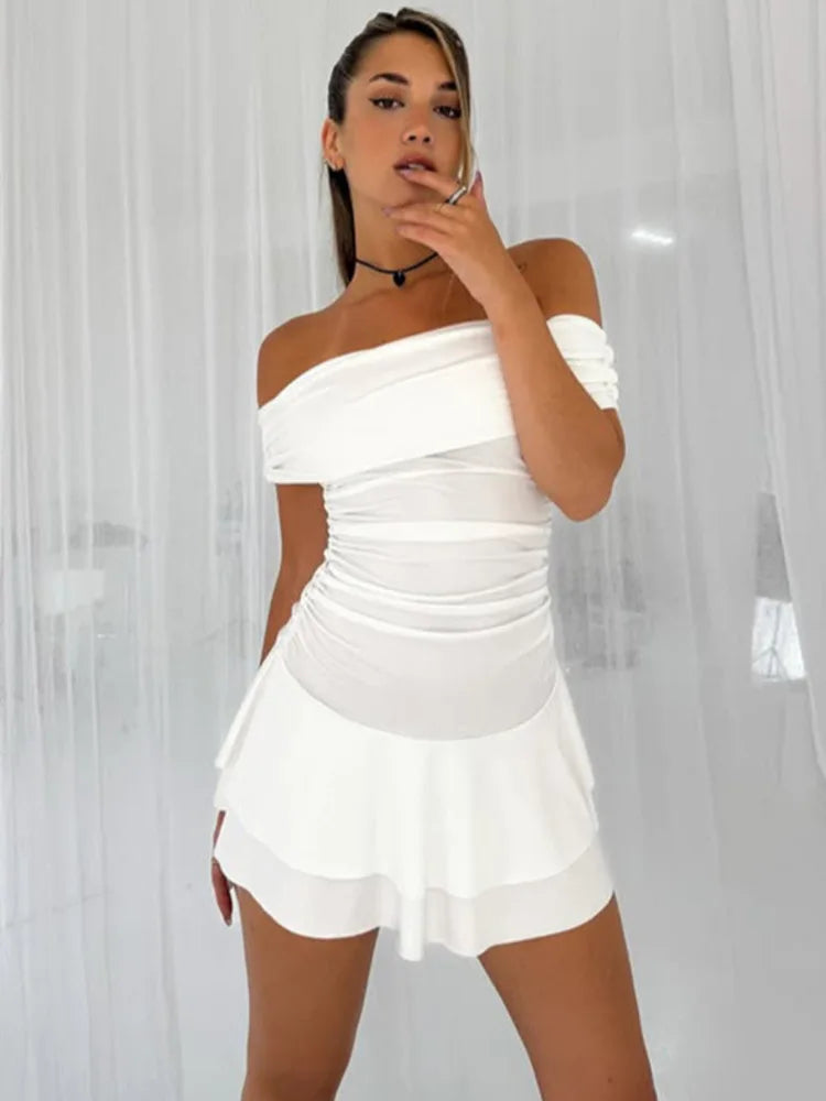 Off-shoulder Strapless Sexy Mini Dress For Women Robe Elegant Sleeveless Backless Ruched Skinny Club Party Dress voguable