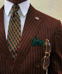 Brown Stripe Double Breasted Men Suit 2 Pcs Wedding Terno Bespoke Groom Prom Slim Fit Peaked Lapel Blazer Trousers(Jacket+Pant) voguable
