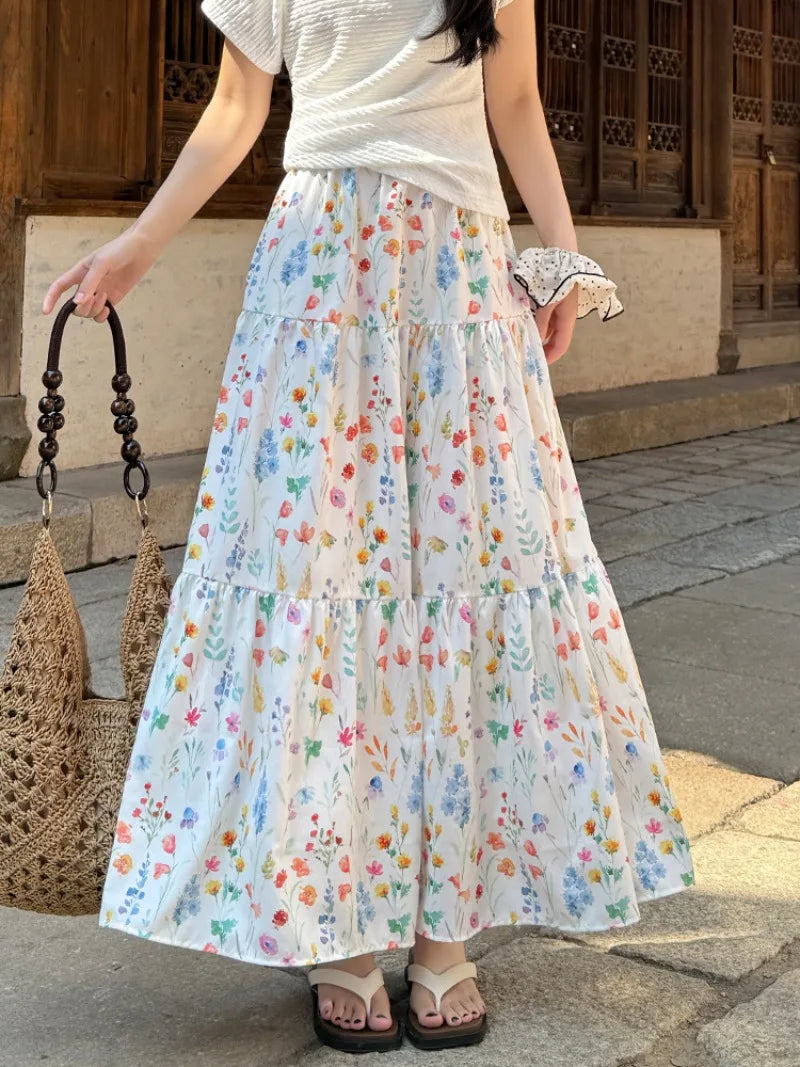 Voguable Sweet Floral A-line Long Skirt for Woman Summer Elegant High Waisted Ruffle Hem Skirts Women All Match Spliceing Midi Cake Skirt voguable
