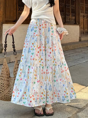 Voguable Sweet Floral A-line Long Skirt for Woman Summer Elegant High Waisted Ruffle Hem Skirts Women All Match Spliceing Midi Cake Skirt voguable