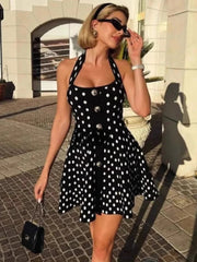 Halter Backless Polka Dot Dress For Women Fashion Square Collar Sleeveless High Waist A-line Knit Mini Dress Elegant voguable