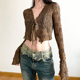 Voguable Lace Splicing Lace-up V-neck Thin Lace Smock Top Brown Fairycore Grunge Long Sleeve Tops Chic Crop Tops Korean Cardigan voguable