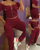 Voguable Summer New Women's Fashion Casual Daily Micro Elastic Off Shoulder Pocket Zipper Design Top and Folding Pants Set voguable