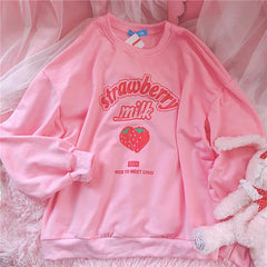 S-3XL Harajuku Kawaii Sweatshirt Strawberry Pink Sweatshirts Spring Kpop Korean Style Fleece Women Cute Top Outwear for Girls voguable