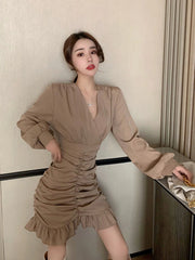 Voguable Elegant Women Mini Dress Vintage Tunic Irregular Long Sleeve Korean Office Ladies Ruffles Dress Sexy V Neck Party Vestidos voguable