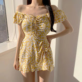 Voguable Vintage Blue Floral Print Korean Swimsuit Dress One Piece Swimwear Women Beach Wear Ruffled Drawstring Swimming Suit Bather voguable