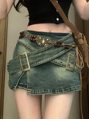 Voguable Vintage Oversize Washed Old Denim Skirts Women New Summer Spice Girl Irregular A- Line Wide Leg Female Blast Street Denim Skirt voguable
