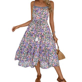 Voguable y2k Beach Dress Women Summer Drawstring Front Spaghetti Strap Sleeveless Floral Print Loose Dress Vacation Dresses voguable