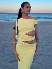 Hollow Sexy Maxi Dress Women Irregular Skinng Ruched Diagonal Collar Sleeveless Vacation Beach Party Fashion Vestidos voguable