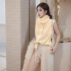 Button Up Sweater Vest for Women Soft Comfy High Neck Sleeveless Knit Vest Slouchy Knitwear Female Autumn Winter Casual Outfit voguable