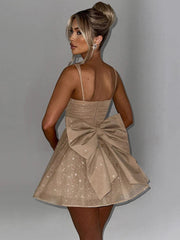 Mozision Bow Backless Sexy Mini Dress For Women Robe Spaghetti Strap Sleeveless Backless High Waist A-line Club Dress Vestido voguable