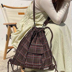 Drawstring Vintage Pleated Women Backpacks Y2k Aesthetic Plaid Grunge Shoulder Bags High-capacity Harajuku Handbags Crossbody voguable
