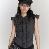 HOUZHOU Gothic Punk Vintage T Shirts Women Korean Style Harajuku Streetwear Patchwork Ruffled Sleeveless Slim Tees Top 2024 Chic voguable