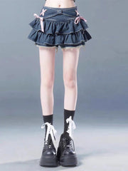 Voguable New Blue Denim Pleated Skirt Y2K Aesthetic Sweet Pink Bow Lace Up Ruffles Cake Mini Skirts Harajuku Women Kawaii Short Skirt 90s voguable
