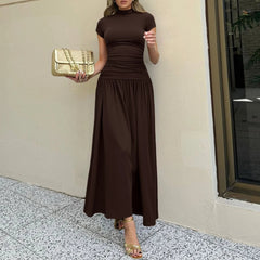 Women's 2025 Summer Dress French Plain Short Sleeve Mock Neck Fitting Slim Draped Fit and Flare Midi Workwear Dress voguable