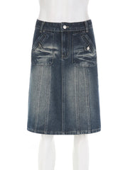 Voguable Vintage Blue Straight Denim Skirt Women American Retro Aesthetic Chic Stitch Cargo Mid Skirts Y2K Streetwear Grunge New voguable