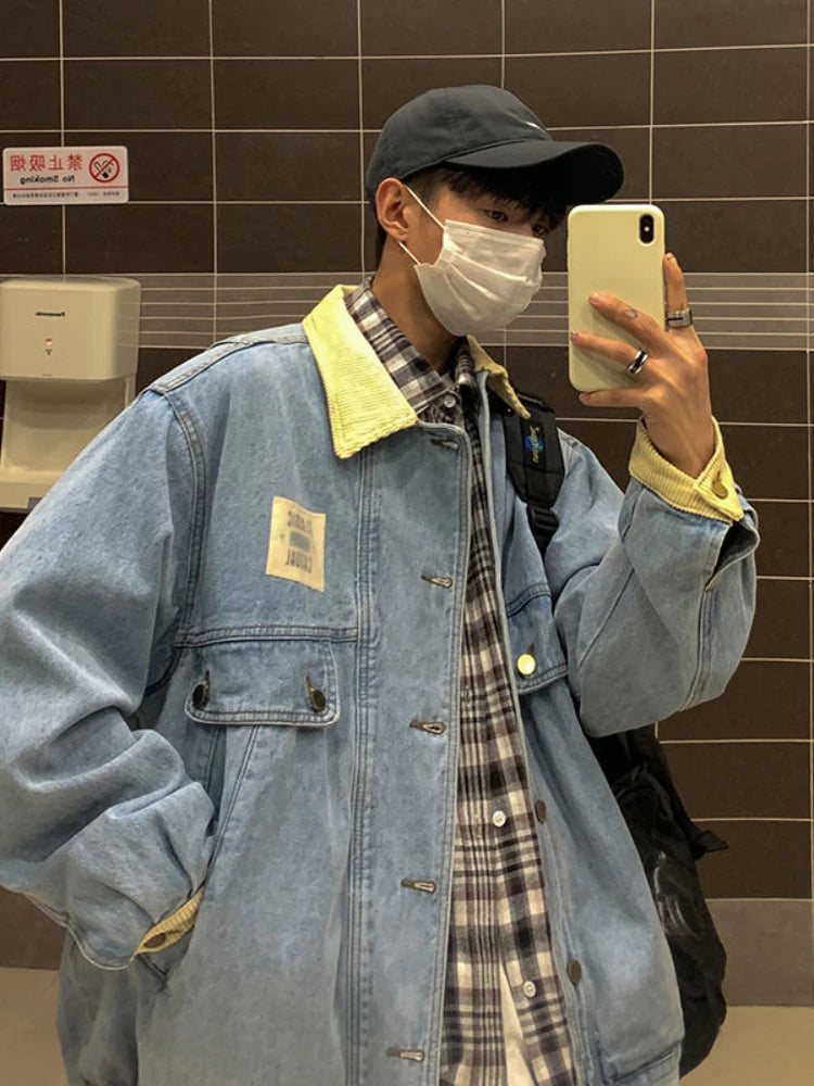Japan Retro Lapel Denim Jacket Cityboys Punk Loose Jacket Autumn Hong Kong Style Hip Hop Handsome Stitching Jeans Coat voguable