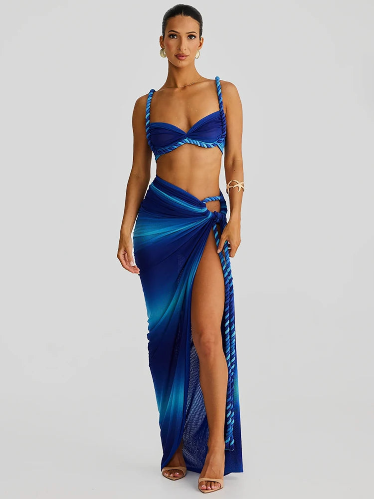 Summer Beach Sexy Two Piece Sets Women Strapless Crop Tops And Maxi Skirt Female Elegant Vacation Club 2 Piece Set voguable