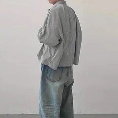 New Japanese Trendy Men Shirts Light Luxury Textured Lapel Striped Long Sleeve Cardigan Tops Leisure Premium Loose Blouse M-2XL voguable