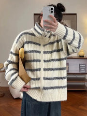 Lazy Wind Vintage Striped Cardigan Women Casual Preppy Style Loose Knitted Sweaters Japan Retro Stand Up Collar Long Sleeve Tops voguable