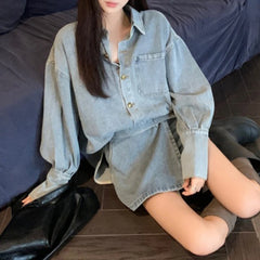 Voguable 2024 Spring New Streetwear Distressed Loose Casual Denim Long-sleeved Shirt Women + Asymmetric Sexy A-line Skirt Two-piece Suit voguable