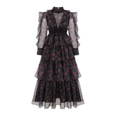 Mesh See-through Women Dress Zipper Flowers Edible Tree Fungus Design Stand Collar Full Sleeve 2025 Dresses Female voguable