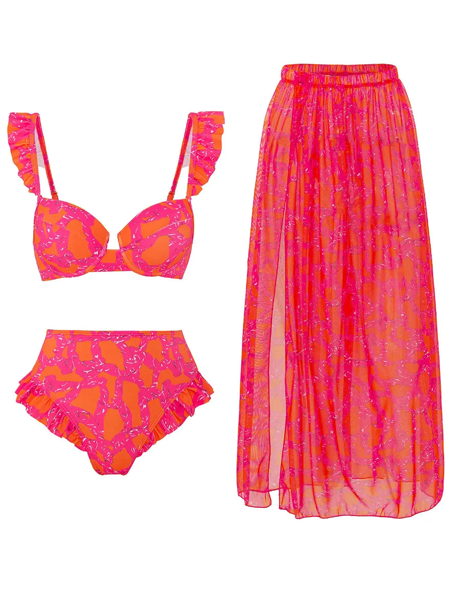 3 Pieces Push Up Bikini High Waist Swimsuit & Skirt Sexy Ruffle Swimwear Women Bathing Swimming Swim Suit Female Beachwear