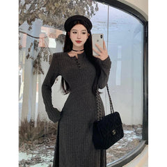 Long Sleeve Dress Women Solid Slim Knit Basic Midi Dress Autumn Winter Elegant All Match Vestidos Female Defined Waist New voguable