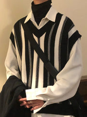 Knitted Sweaters for Men Y2k Vintage Waistcoat Man Clothes Striped Sleeveless Vest Aesthetic Black Korean Fashion Casual Cotton voguable