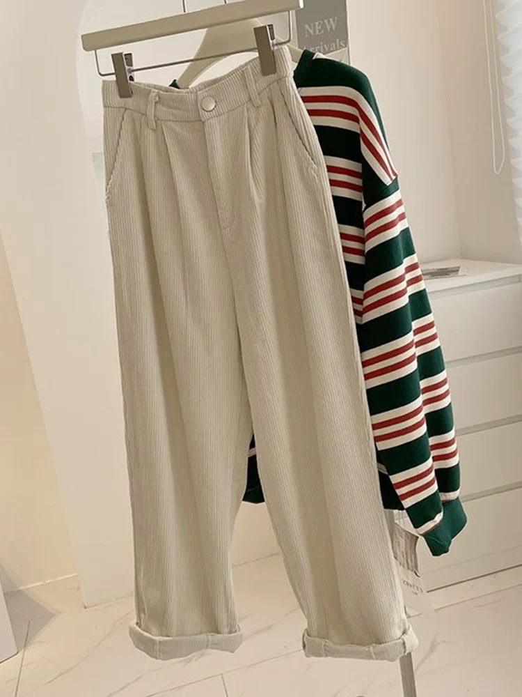 Voguable  High Waist Women Vintage Corduroy Pants Spring Fashion Straight Causal Trousers Solid Korean All Match Pants voguable