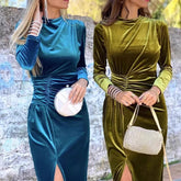 Voguable Chic O-neck Velvet Long Sleeve Split Dress Fashion Solid Color Slim Pleat Evening Dress Temperament Lady Irregular Banquet Dress voguable