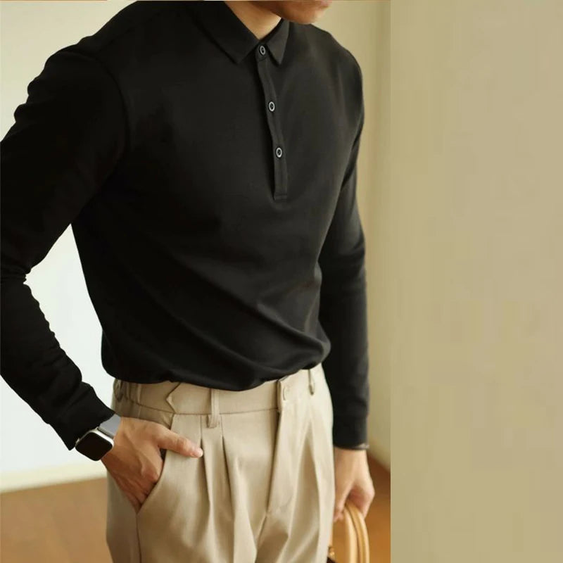 New American Retro Men Polo Shirt Light Luxury Solid Color Slim-fit Commuting Long Sleeve T-shirt Leisure Business Pullover Tops voguable