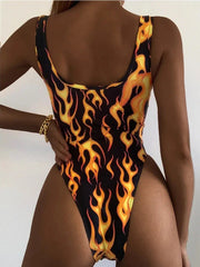 Voguable Flame-print One-piece Swimsuit Women Sexy U-neck Slim Beach Bikini Suspender Backless Monokini Summer Swimwear Bodysuit voguable