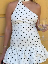 Voguable Retro Polka Dot Scarf Collar Dress Women Sleeveless Slanted Collar Bodycon Pleated Mini Dresses Lady Daily Casual Vestido voguable