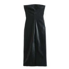 Sexy Women Faux Leather Strapless Dress Side Zipper Ruched Party Midi Dresses Black Vestidos