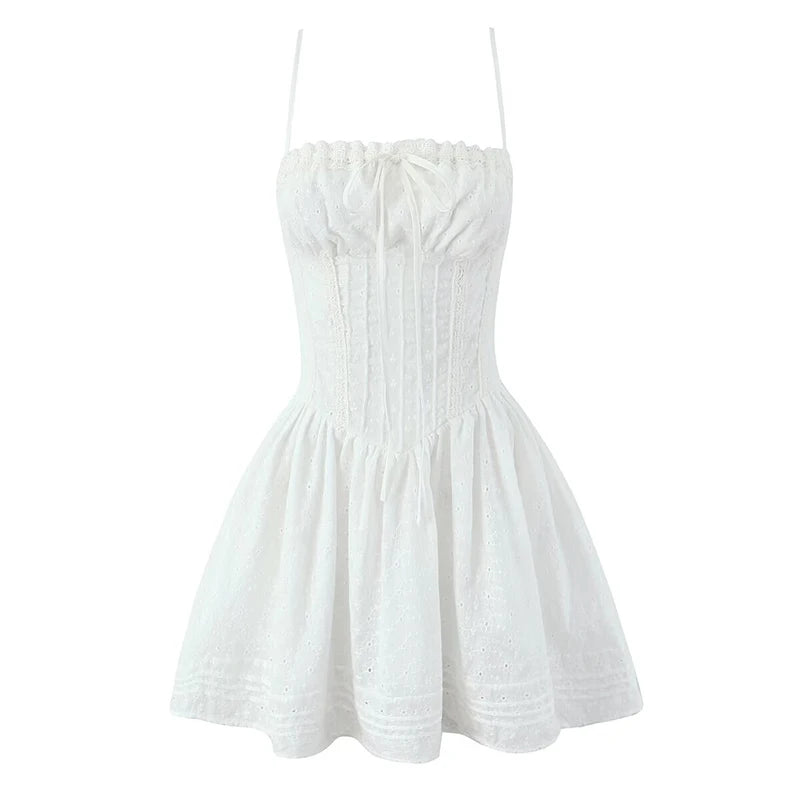 Summer Women Hollow Out Embroidery White Sling Mini Dresses Sexy Low Waist Fit And Flare Party Dress Bridesmaids Robe