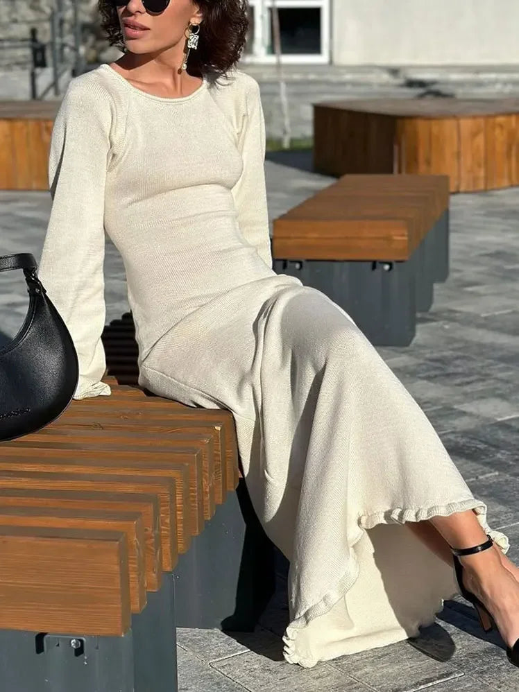 Knitted Backless Long Dress For Women Ruffled Lace Up High Waist Maxi Dresses Femme Party Elegant Bandage Fashion Dress voguable