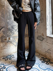 Streetwear Slim Flare Pant Women Sexy Low Waist Fall Vintage Wide Leg Trousers Casual American Lace Up Female Retro Black Pants voguable