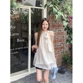 MEXZT Sweet Dot Shirts Women Elegant Bow Bandage Blouses Vintage Halter Print Tops Summer Korean Sleeveless Casual Clothes New voguable