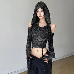 Y2K Hollow Out Hooded Women T Shirt Gothic Streetwear Sexy Off Shoulder Long Sleeve Tops Autumn New Fashion Slim Black Crop Tees voguable