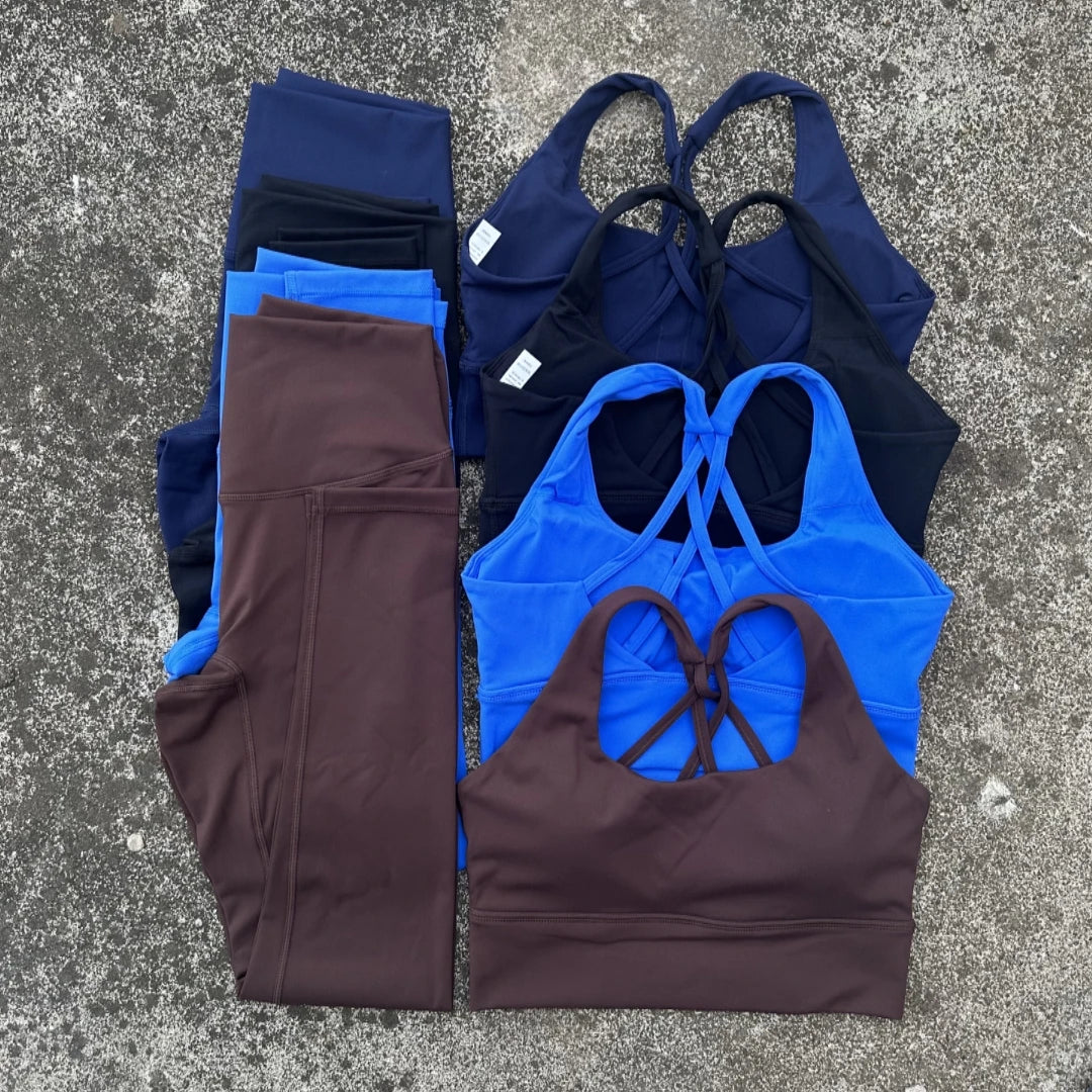 Voguable Solid Color Tight Women Cross Back High Impact Shoulder Strap Fitness Bra Top High Waist Yoga Legging 2pc Gym Yoga Set Sportwear voguable