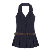 Voguable Summer Woman Fashion V-neck Sleeve Striped Dress Clothing High Waist A-line Summer Vestido Female Pleated Y2k Mini Dresses voguable